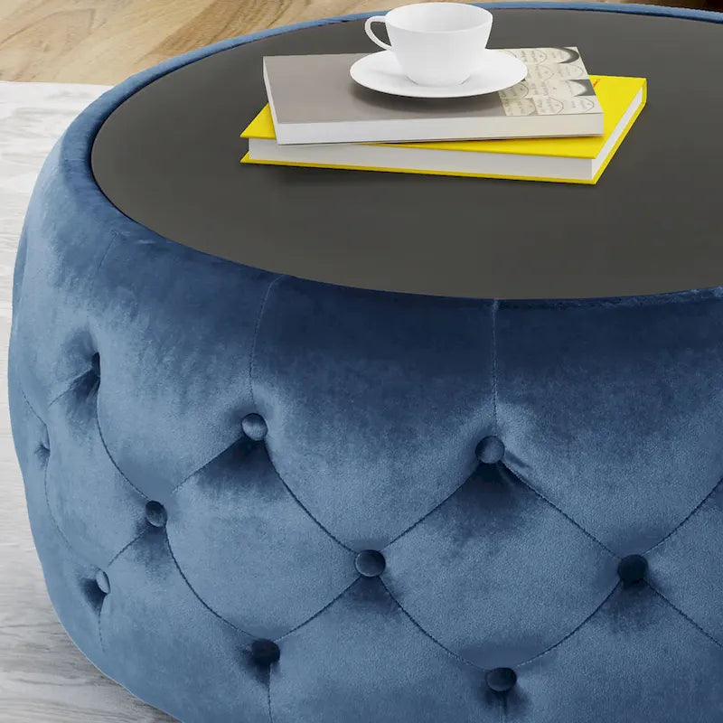 Runder, mit Knöpfen getufteter Samthocker mit Tischplatte aus gehärtetem Glas, moderner Glamour-Stil, Beige