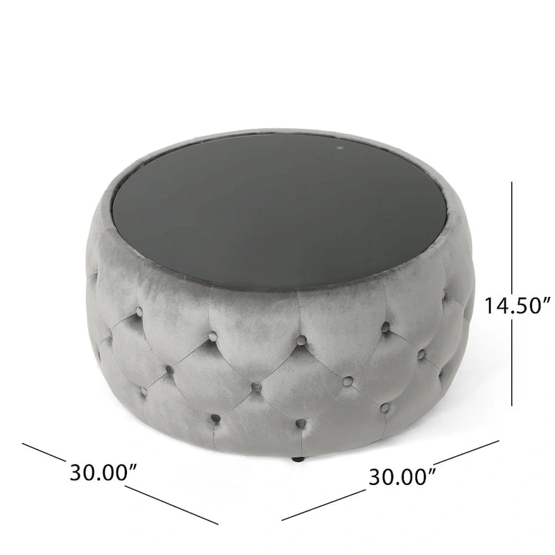Runder, mit Knöpfen getufteter Samthocker mit Tischplatte aus gehärtetem Glas, moderner Glamour-Stil, Beige
