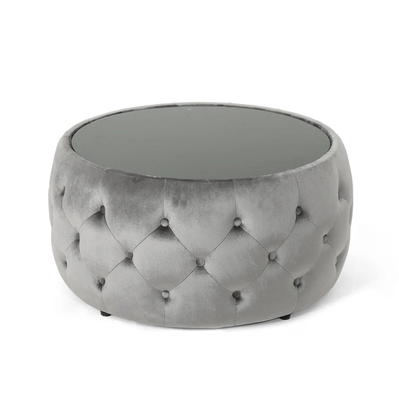 Runder, mit Knöpfen getufteter Samthocker mit Tischplatte aus gehärtetem Glas, moderner Glamour-Stil, Beige
