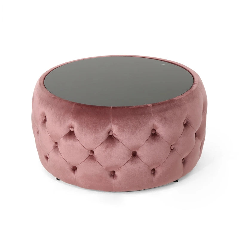 Runder, mit Knöpfen getufteter Samthocker mit Tischplatte aus gehärtetem Glas, moderner Glamour-Stil, Beige