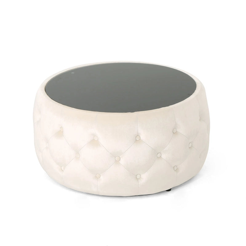 Runder, mit Knöpfen getufteter Samthocker mit Tischplatte aus gehärtetem Glas, moderner Glamour-Stil, Beige