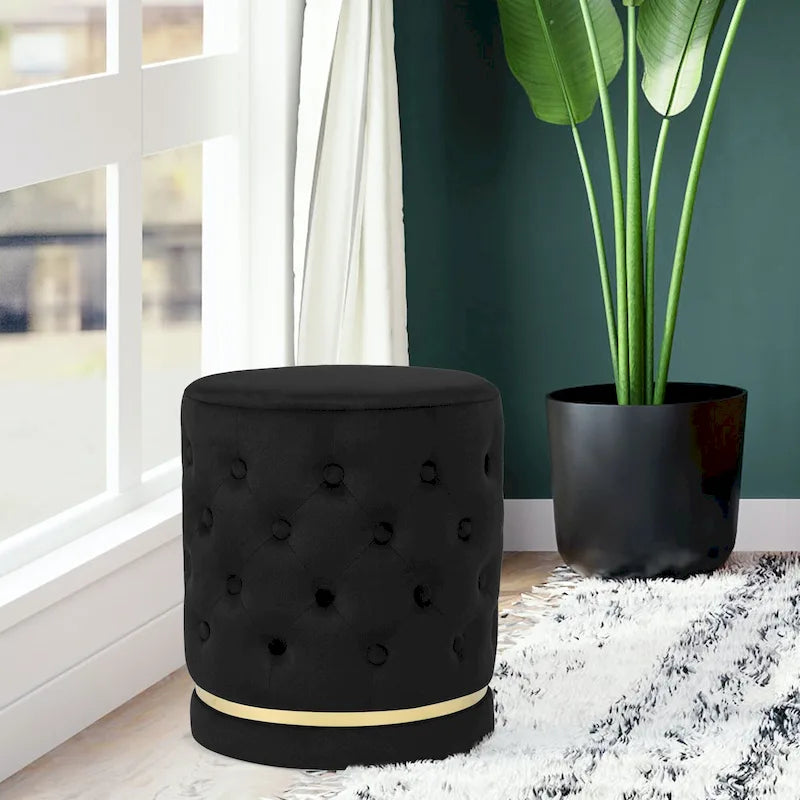 Button Tufted Velvet Round Ottoman with Metal Base, Multiple Colors