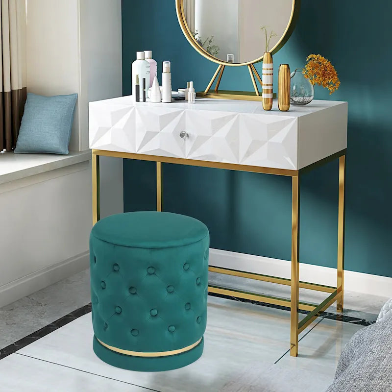 Button Tufted Velvet Round Ottoman with Metal Base, Multiple Colors