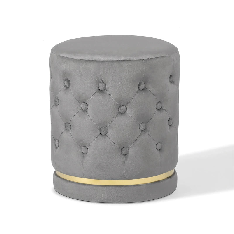 Button Tufted Velvet Round Ottoman with Metal Base, Multiple Colors