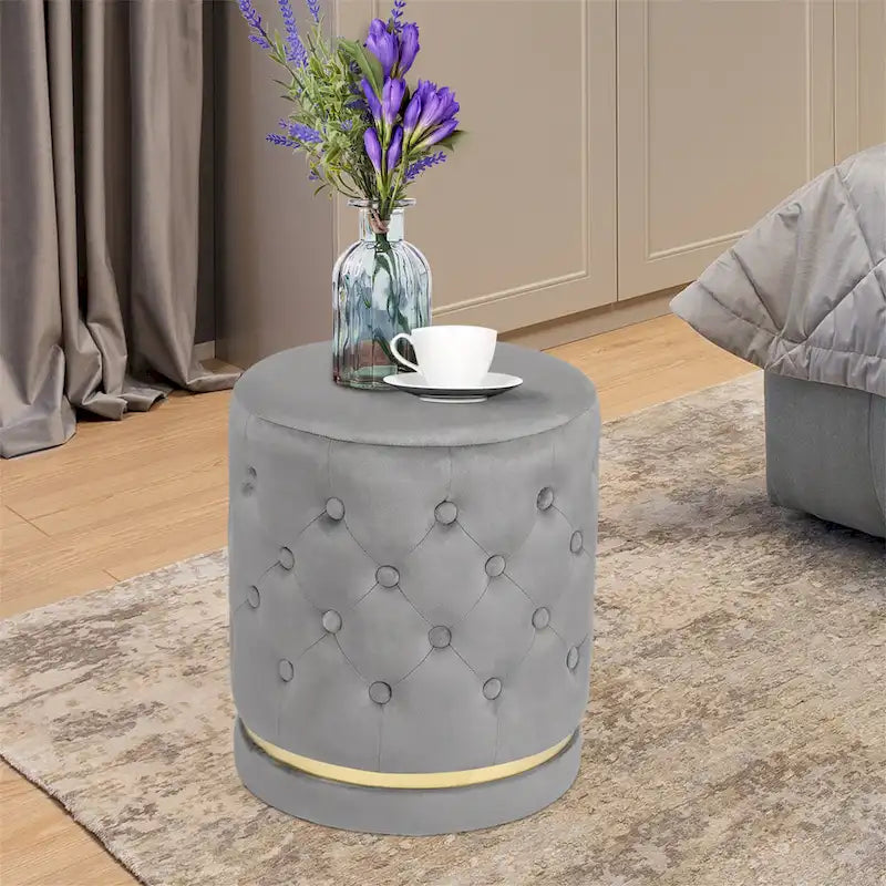 Button Tufted Velvet Round Ottoman with Metal Base, Multiple Colors