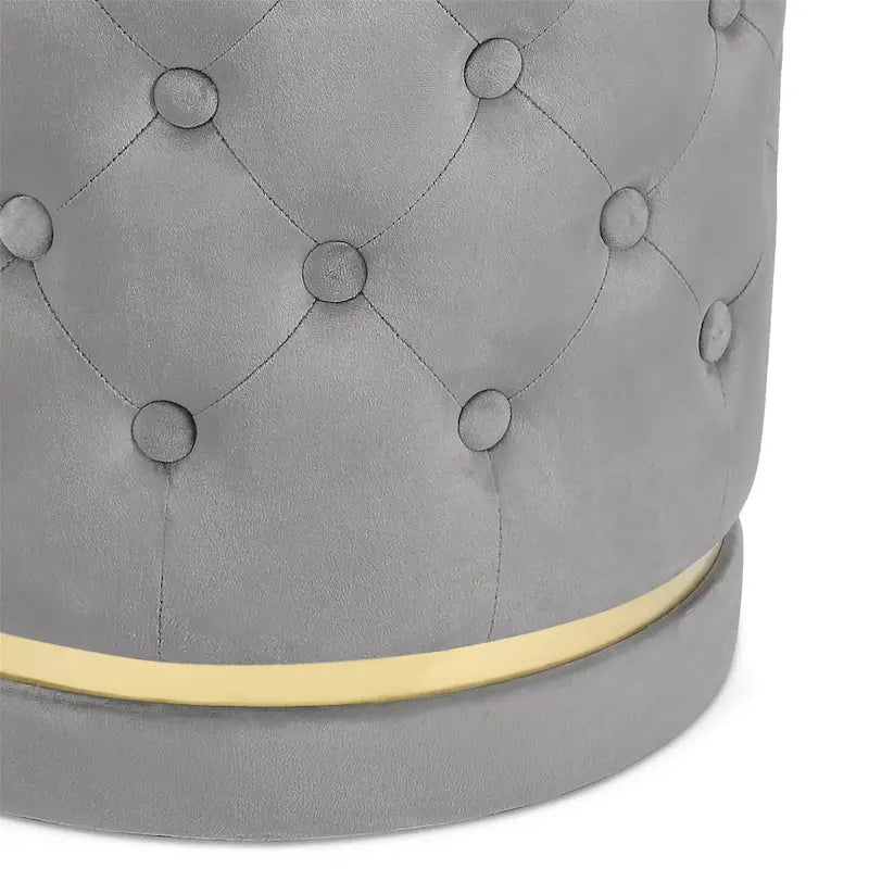 Pouf rotondo in velluto con capitonné a bottoni e base in metallo, vari colori