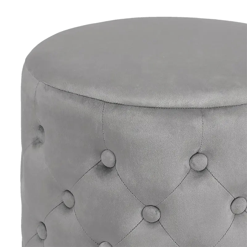 Pouf rotondo in velluto con capitonné a bottoni e base in metallo, vari colori
