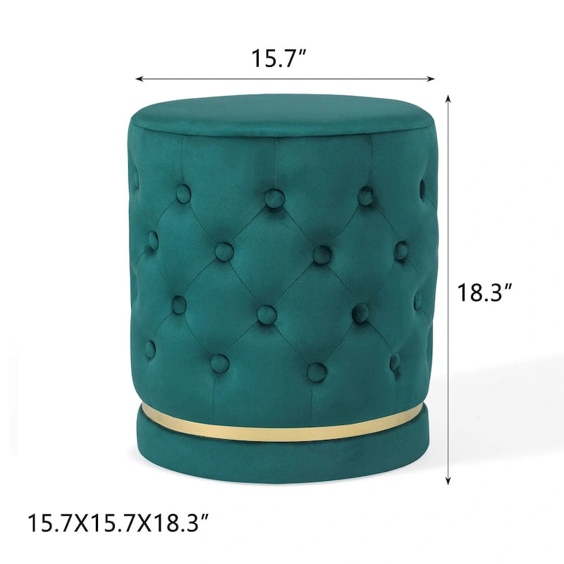 Pouf rotondo in velluto con capitonné a bottoni e base in metallo, vari colori