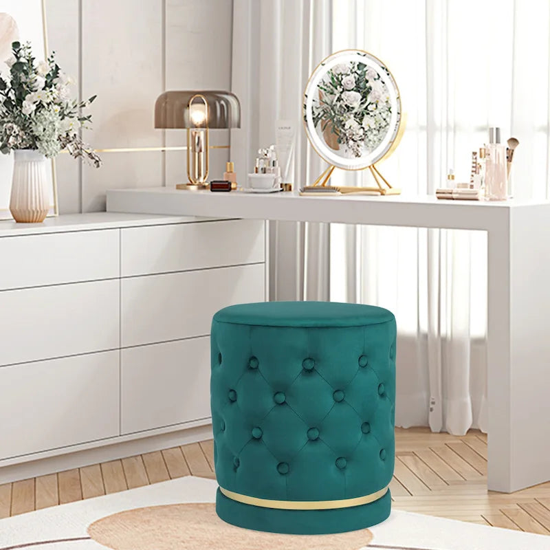 Pouf rotondo in velluto con capitonné a bottoni e base in metallo, vari colori
