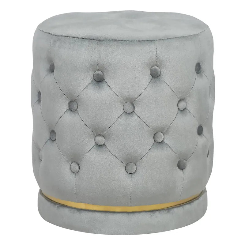 Pouf rotondo in velluto con capitonné a bottoni e base in metallo, vari colori