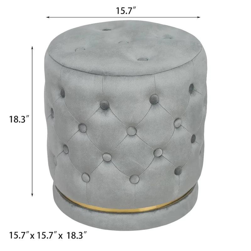 Pouf rotondo in velluto con capitonné a bottoni e base in metallo, vari colori