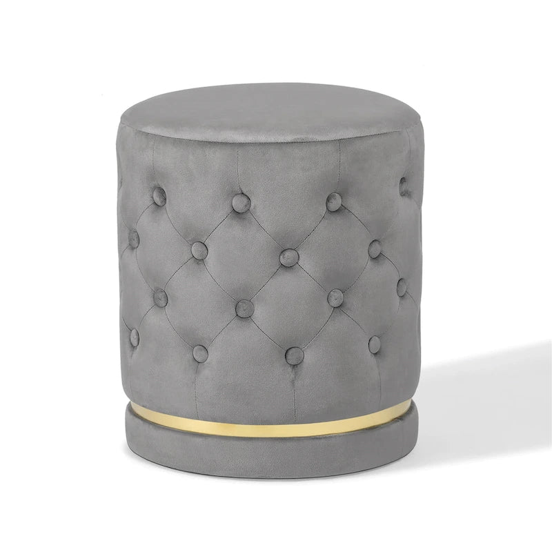 Pouf rotondo in velluto con capitonné a bottoni e base in metallo, vari colori
