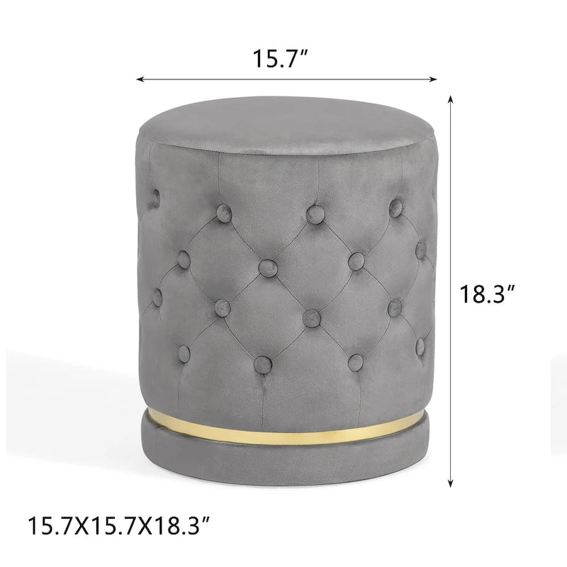 Pouf rotondo in velluto con capitonné a bottoni e base in metallo, vari colori