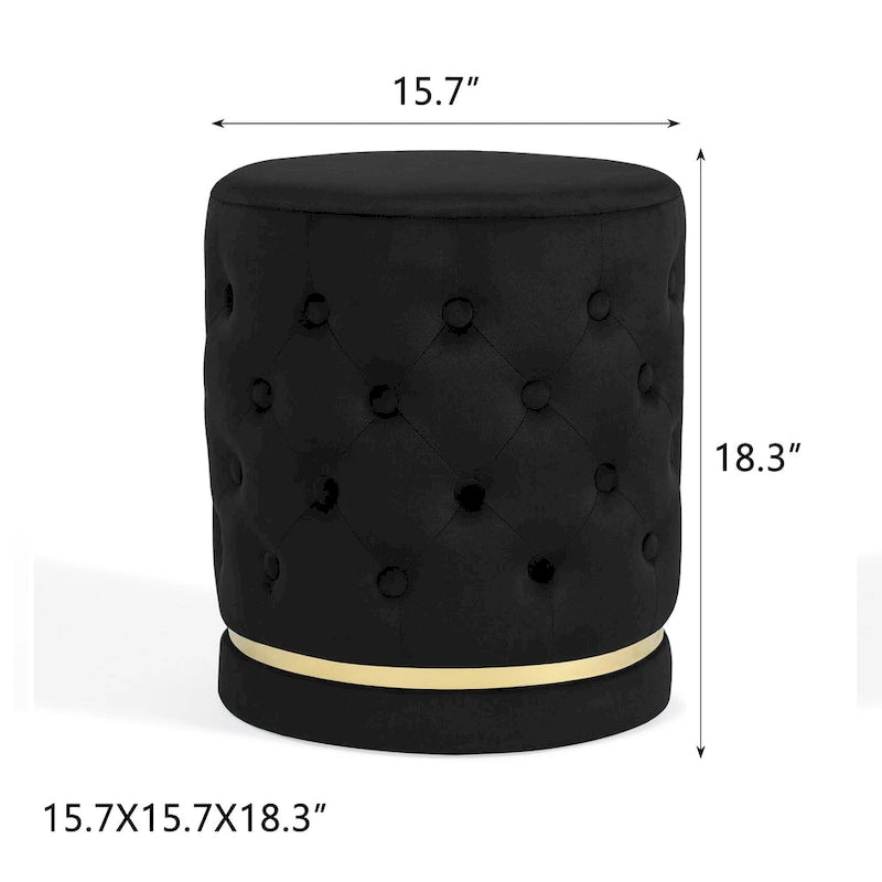 Pouf rotondo in velluto con capitonné a bottoni e base in metallo, vari colori