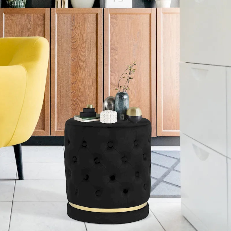 Pouf rotondo in velluto con capitonné a bottoni e base in metallo, vari colori