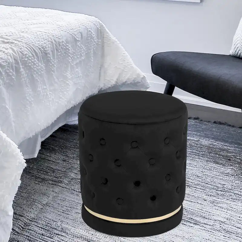 Pouf rotondo in velluto con capitonné a bottoni e base in metallo, vari colori