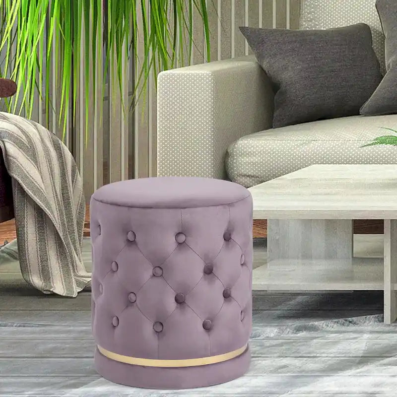 Pouf rotondo in velluto con capitonné a bottoni e base in metallo, vari colori