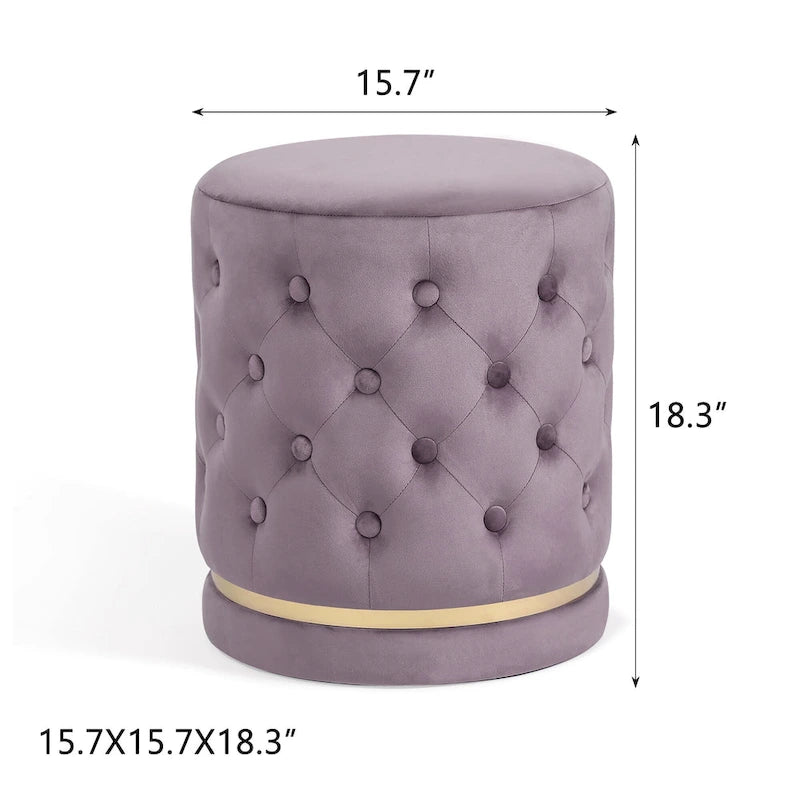 Pouf rotondo in velluto con capitonné a bottoni e base in metallo, vari colori