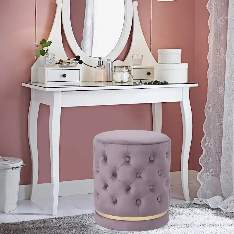 Pouf rotondo in velluto con capitonné a bottoni e base in metallo, vari colori
