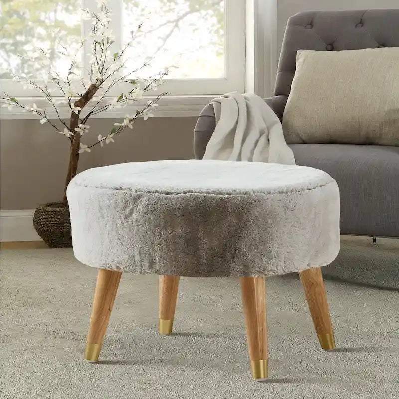 Round Faux Fur Ottoman with Wooden Legs, Multiple Colors Available