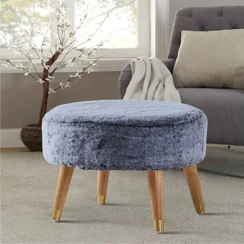Round Faux Fur Ottoman with Wooden Legs, Multiple Colors Available