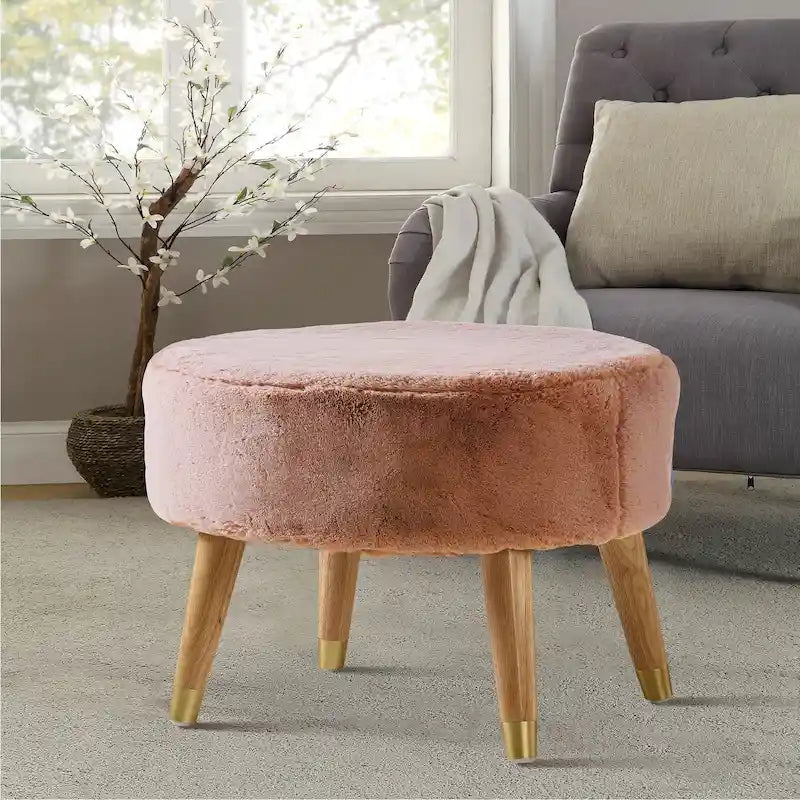 Round Faux Fur Ottoman with Wooden Legs, Multiple Colors Available