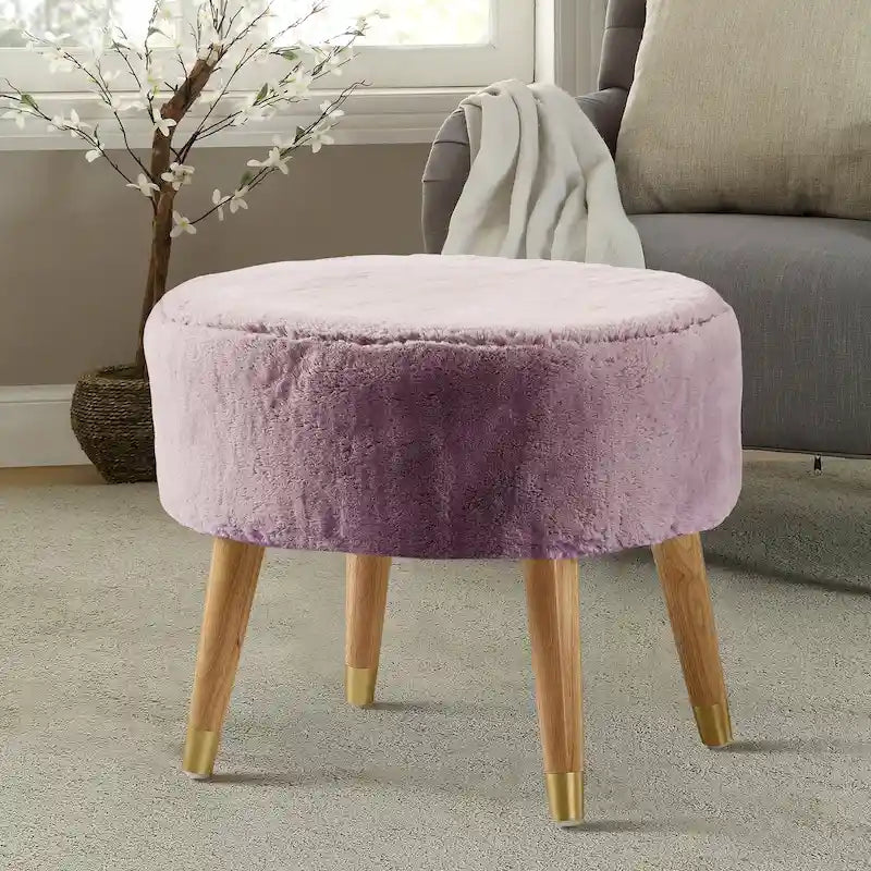 Round Faux Fur Ottoman with Wooden Legs, Multiple Colors Available