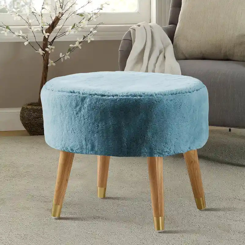 Round Faux Fur Ottoman with Wooden Legs, Multiple Colors Available