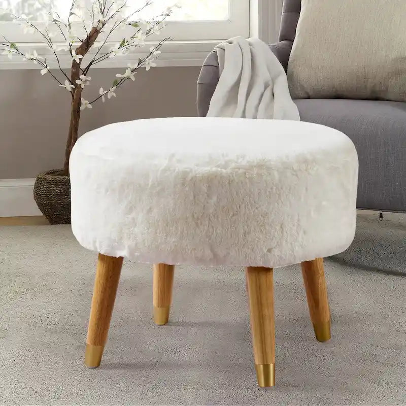 Round Faux Fur Ottoman with Wooden Legs, Multiple Colors Available