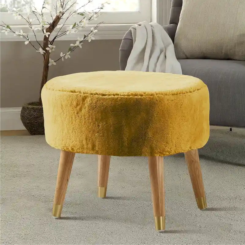 Round Faux Fur Ottoman with Wooden Legs, Multiple Colors Available