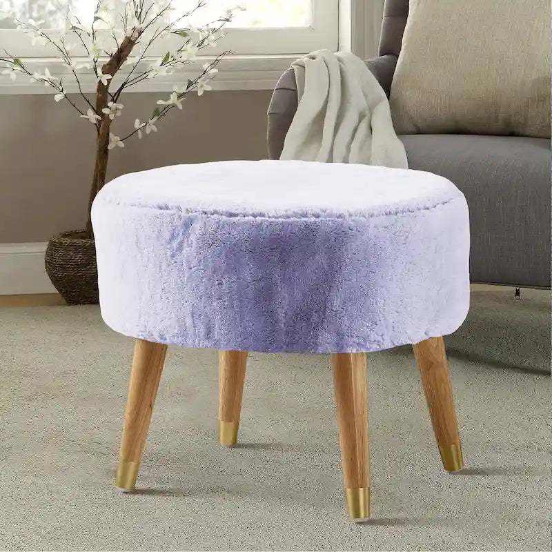 Round Faux Fur Ottoman with Wooden Legs, Multiple Colors Available