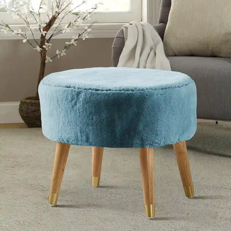 Round Faux Fur Ottoman with Wooden Legs, Multiple Colors Available