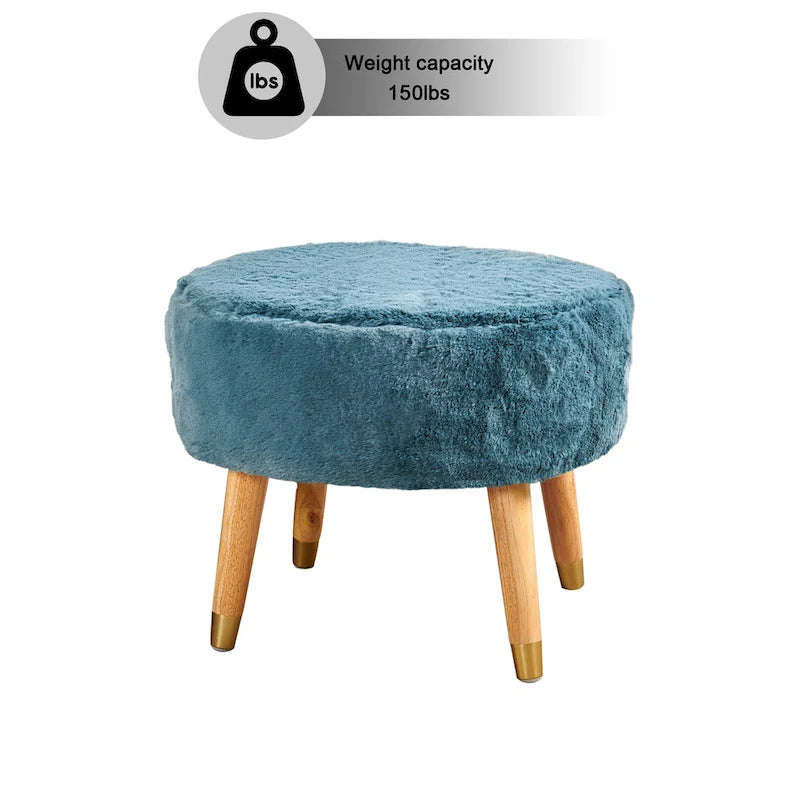 Round Faux Fur Ottoman with Wooden Legs, Multiple Colors Available