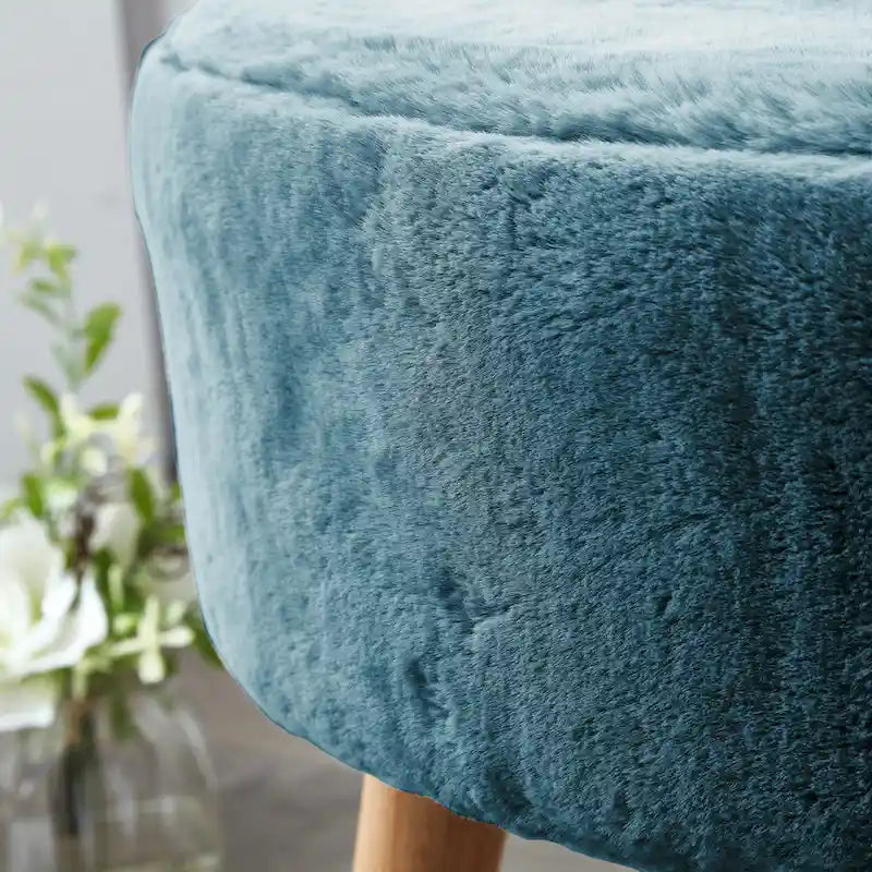 Round Faux Fur Ottoman with Wooden Legs, Multiple Colors Available