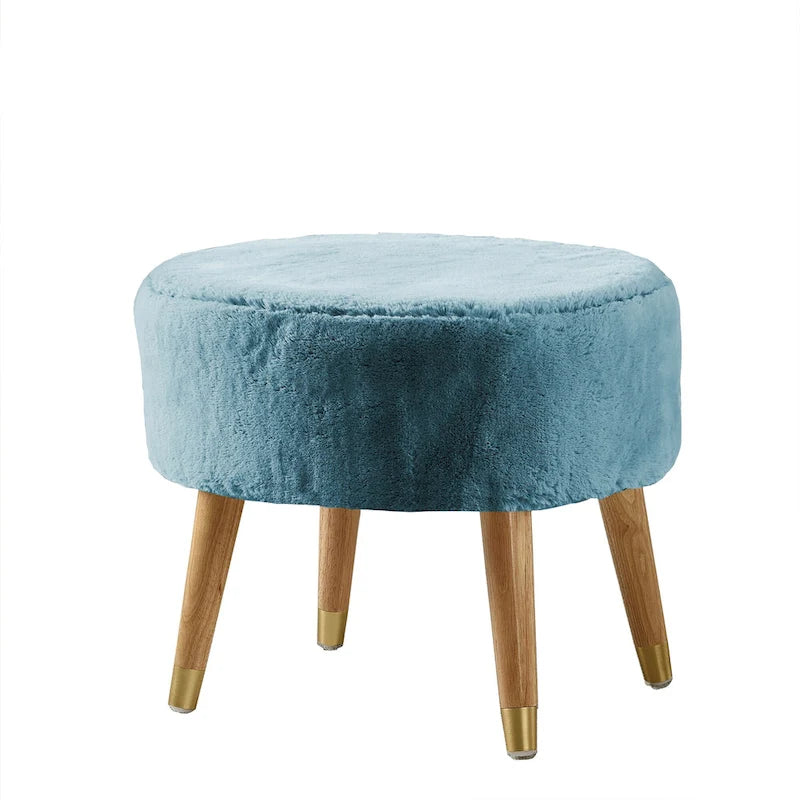 Round Faux Fur Ottoman with Wooden Legs, Multiple Colors Available