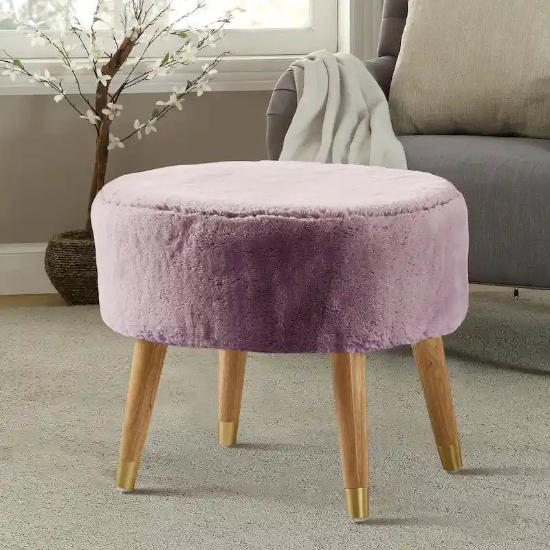 Round Faux Fur Ottoman with Wooden Legs, Multiple Colors Available
