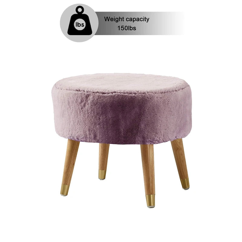 Round Faux Fur Ottoman with Wooden Legs, Multiple Colors Available