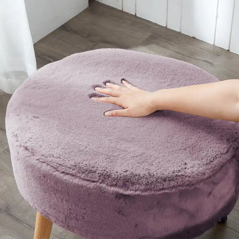 Round Faux Fur Ottoman with Wooden Legs, Multiple Colors Available