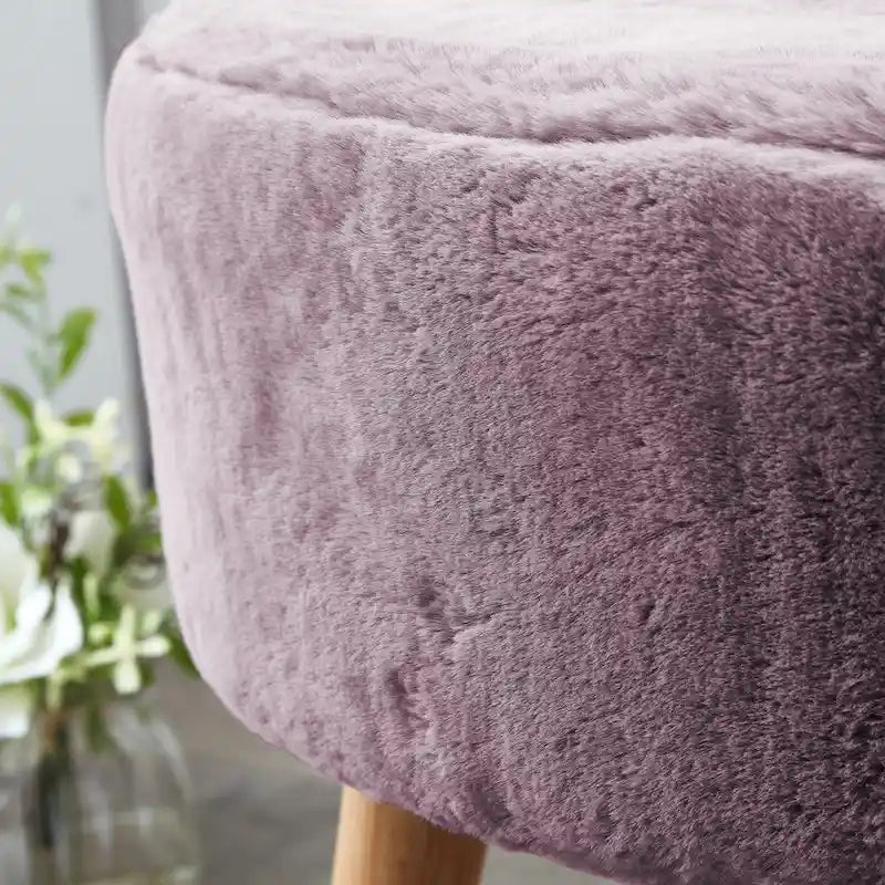 Round Faux Fur Ottoman with Wooden Legs, Multiple Colors Available