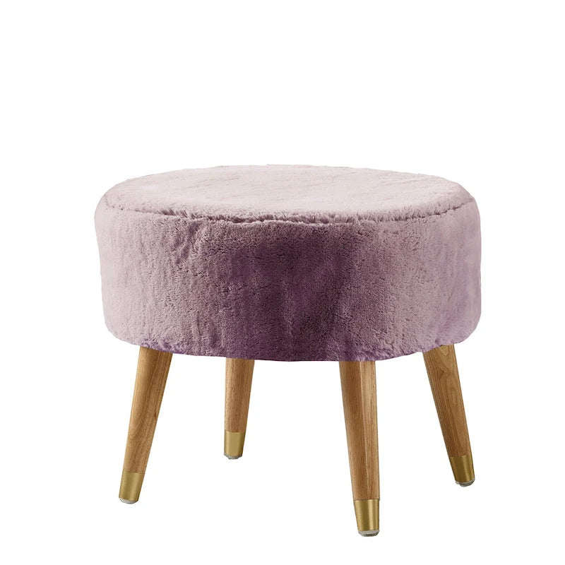 Round Faux Fur Ottoman with Wooden Legs, Multiple Colors Available