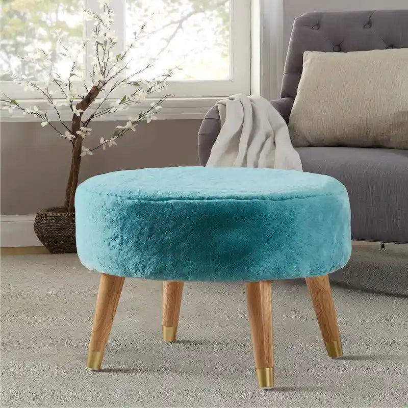 Round Faux Fur Ottoman with Wooden Legs, Multiple Colors Available