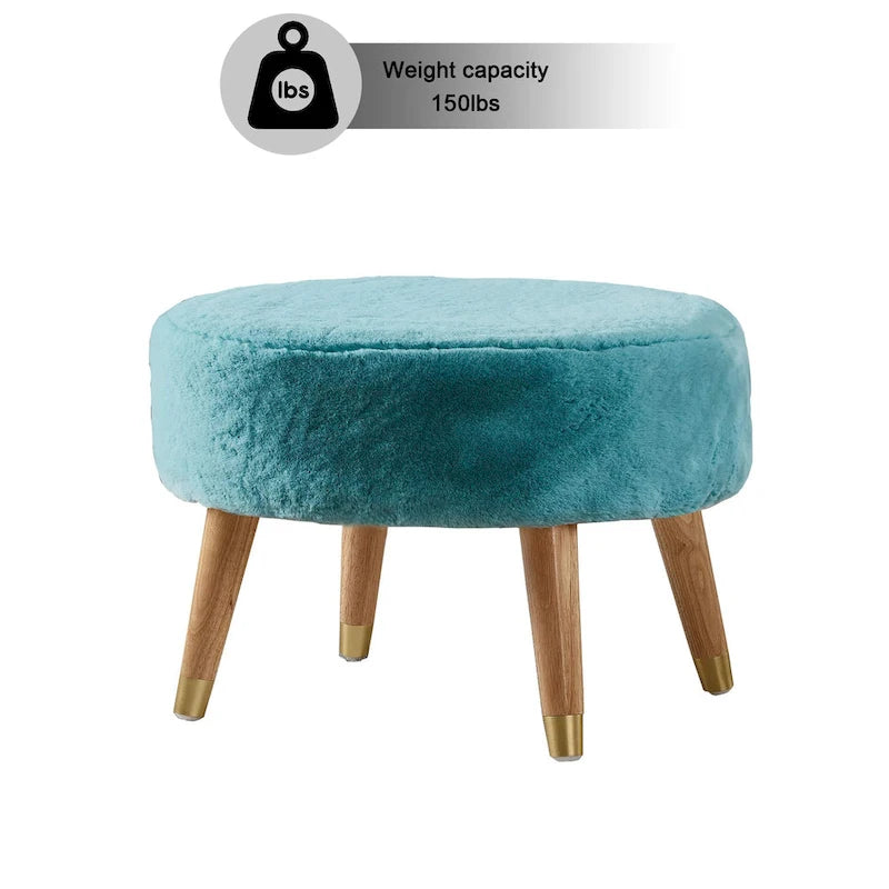 Round Faux Fur Ottoman with Wooden Legs, Multiple Colors Available