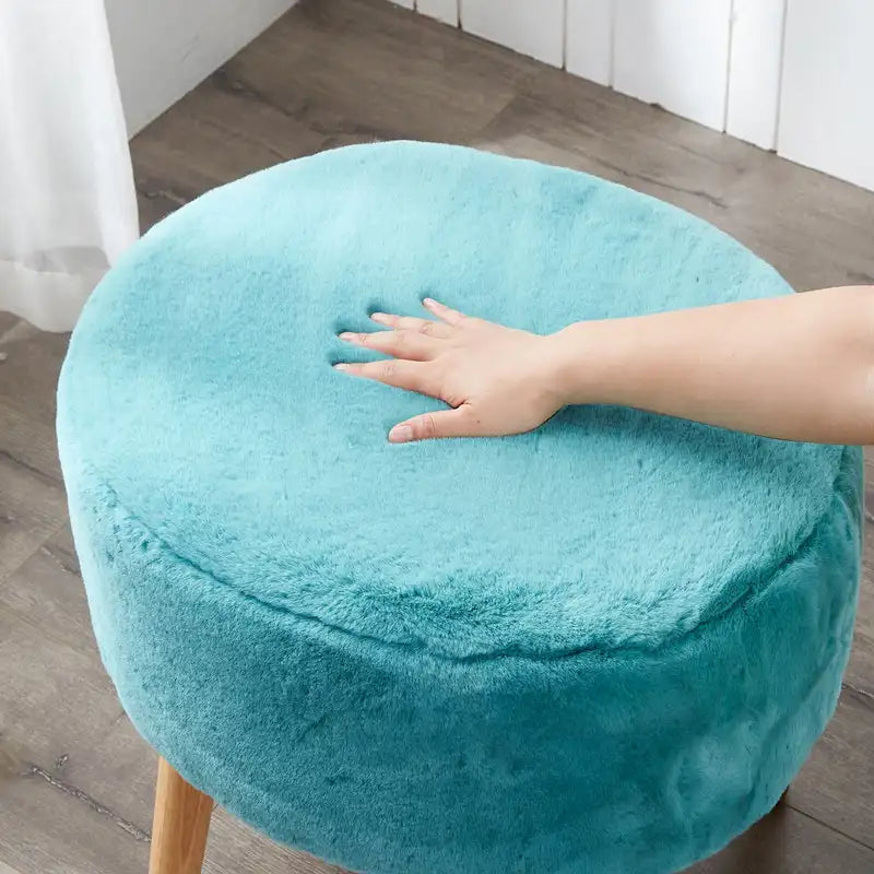 Round Faux Fur Ottoman with Wooden Legs, Multiple Colors Available