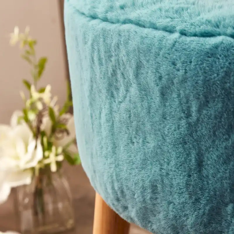 Round Faux Fur Ottoman with Wooden Legs, Multiple Colors Available
