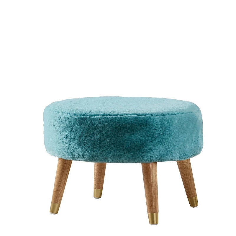 Round Faux Fur Ottoman with Wooden Legs, Multiple Colors Available