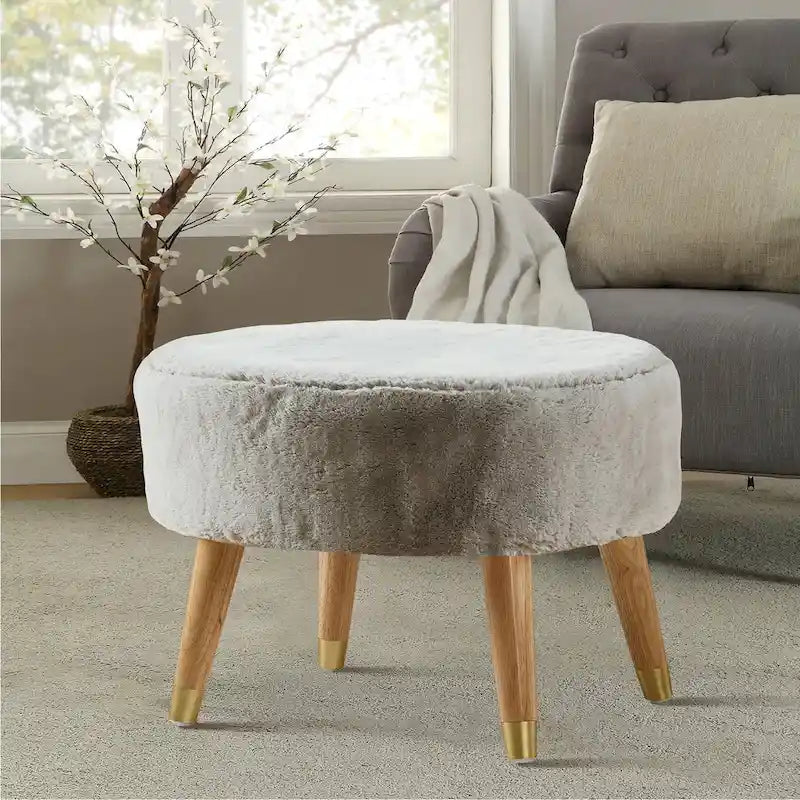 Round Faux Fur Ottoman with Wooden Legs, Multiple Colors Available