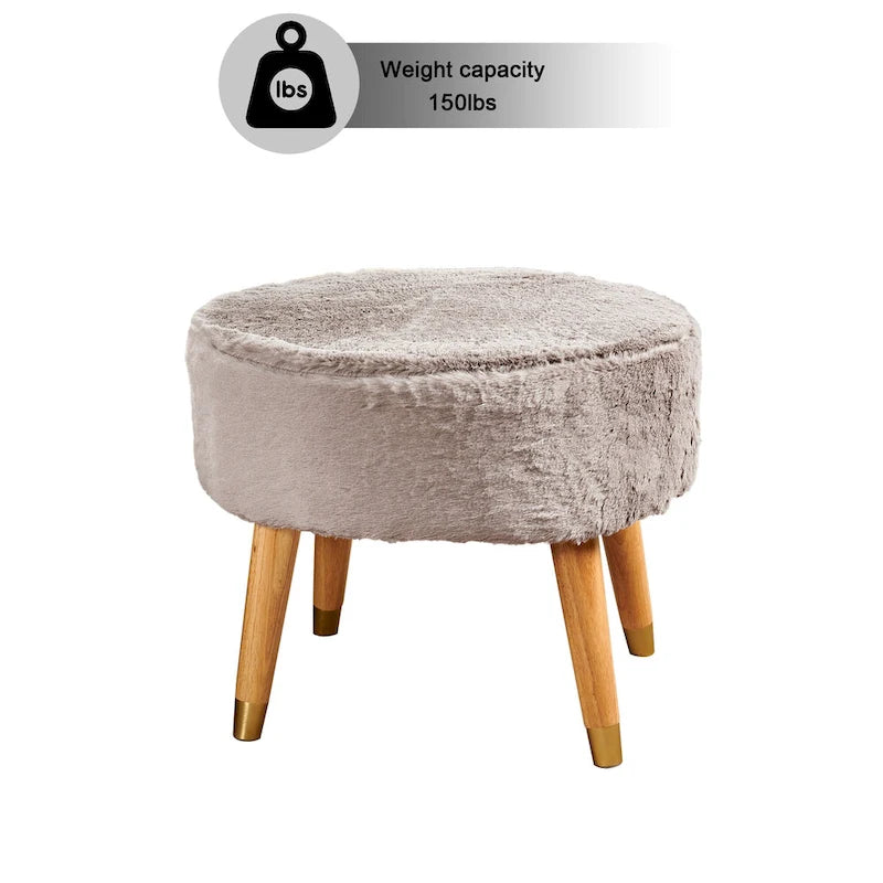 Round Faux Fur Ottoman with Wooden Legs, Multiple Colors Available