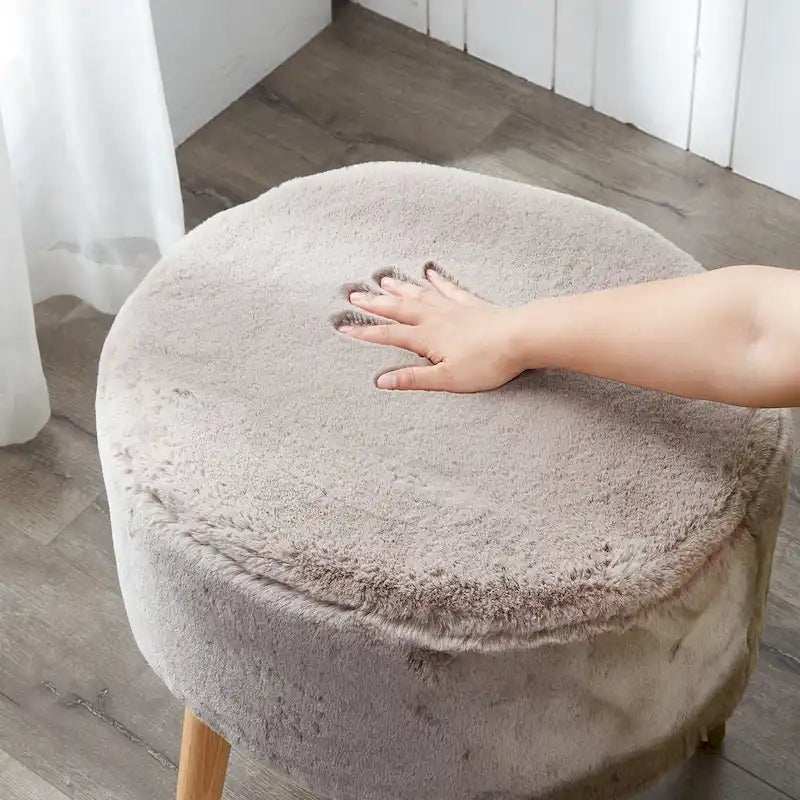 Round Faux Fur Ottoman with Wooden Legs, Multiple Colors Available