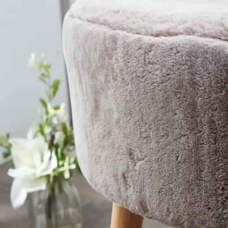 Round Faux Fur Ottoman with Wooden Legs, Multiple Colors Available
