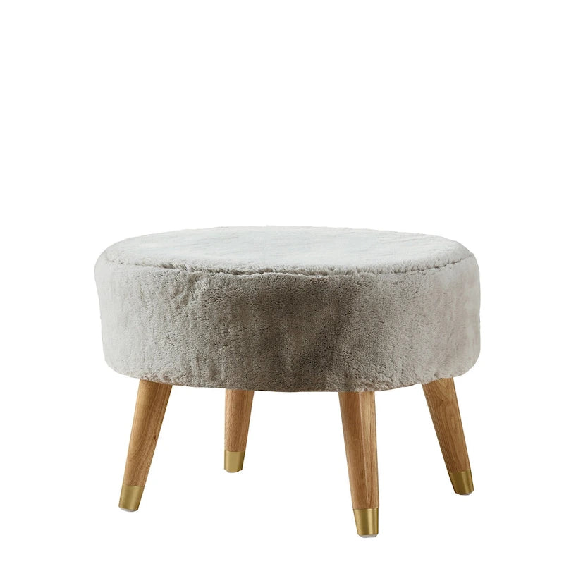 Round Faux Fur Ottoman with Wooden Legs, Multiple Colors Available